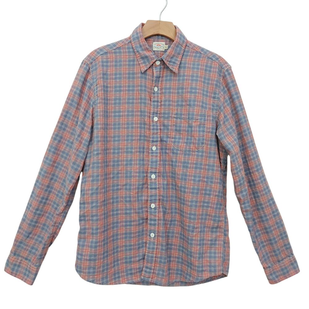 Faherty Flannel Shirt Mens Medium Blue Red Plaid Long Sleeve Soft Travel Casual